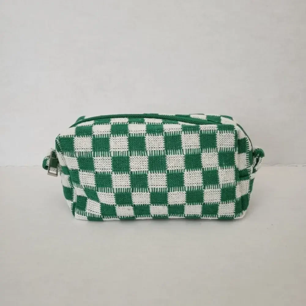 Women's Checkered Print Cosmetic Make Up Beauty‎ Bag in Green